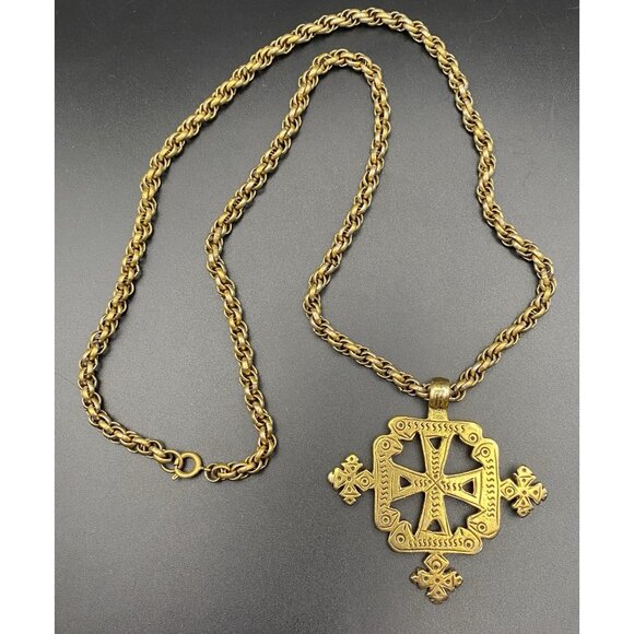 Unbranded Other - Vintage Ethiopian Coptic Cross Pendant Necklace Reversible Gold Tone 24"
